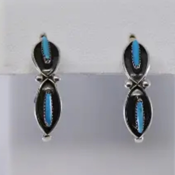 Zuni Silver and Turquoise Half‎ Hoop Earrings - Picture 1 of 8